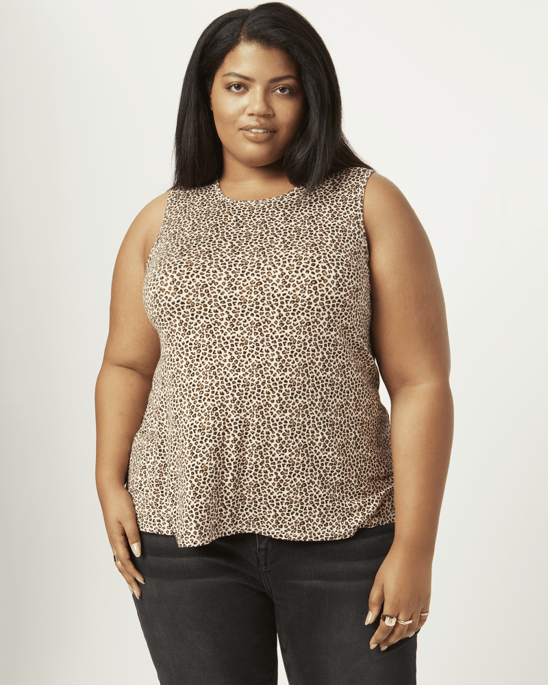 Front of a model wearing a size 1X Lynn Tank Top in Brown / Black by Molly & Isadora. | dia_product_style_image_id:210674